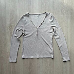 American Eagle Waffle Long Sleeve Henley T-Shirt Oatmeal Women's Large